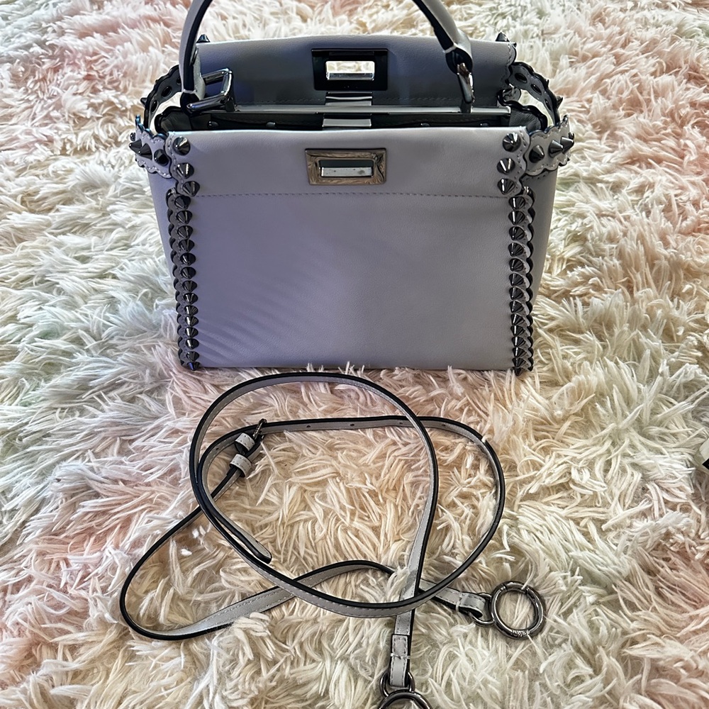 Fendi Peekaboo Mini Light Blue Studded Leather Two-Way Top Handle Bag - Picture 4 of 15